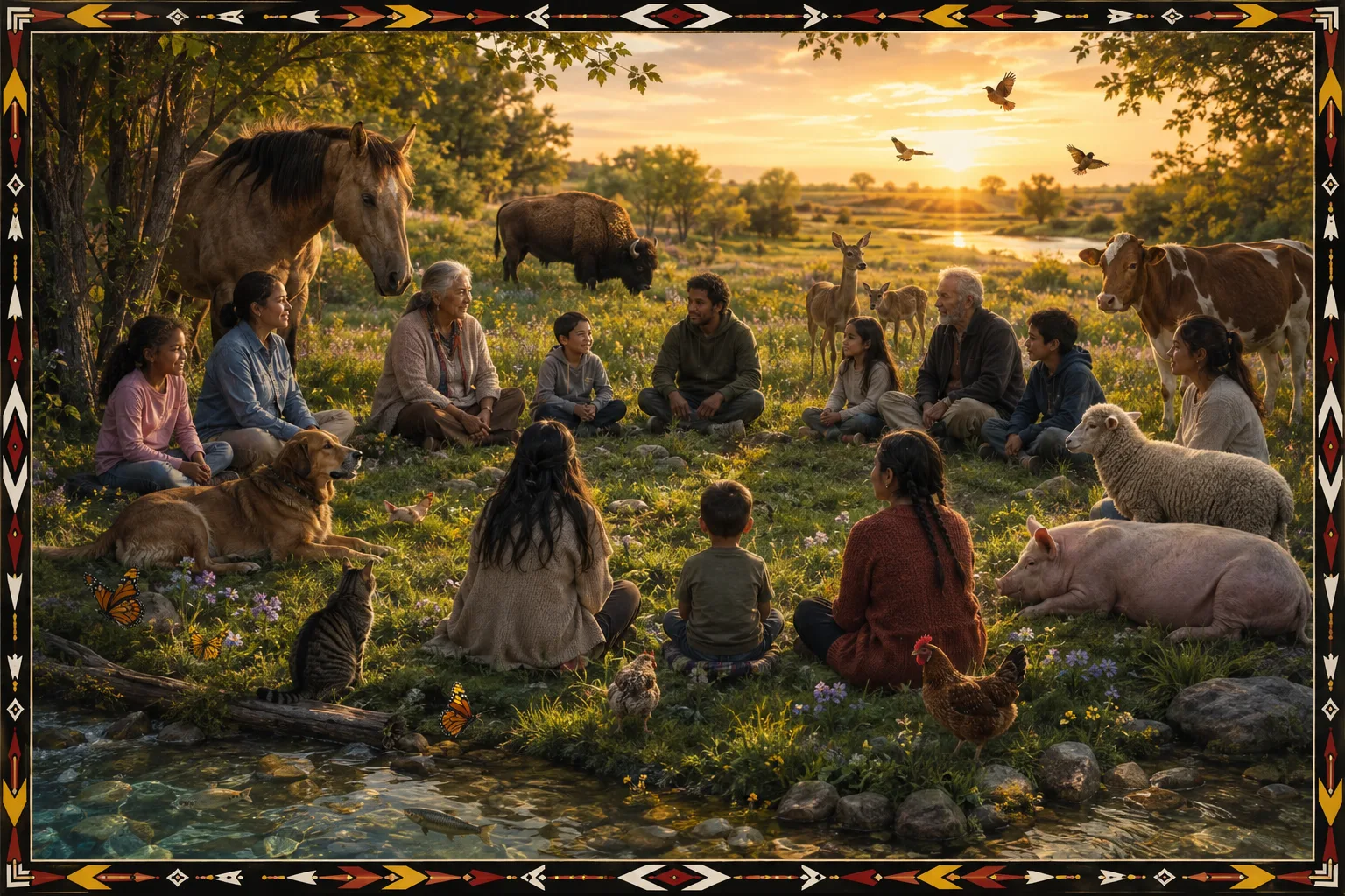 Children and Elders of diverse peoples gather respectfully in a circle with many animal Nations, birds, butterflies, water, and living land.