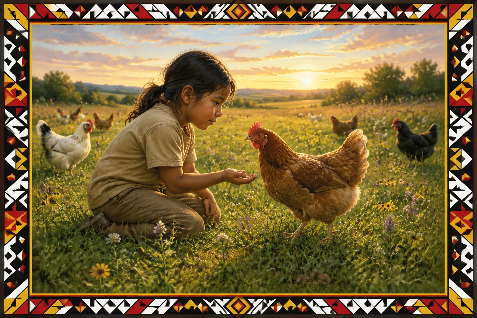 A young child kneels in a sunlit meadow and meets a free-living chicken eye to eye with gentleness and trust.