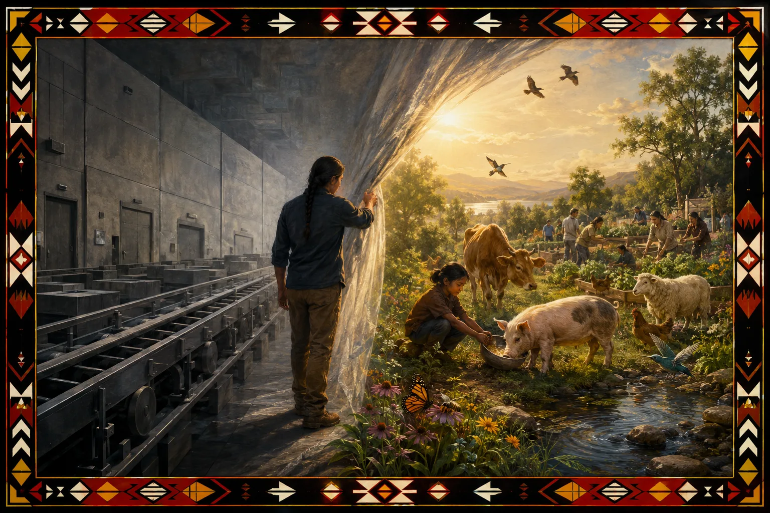 A symbolic journey from a closed gray industrial system toward sunlight, free animals, clear water, gardens, and compassionate human relationship.